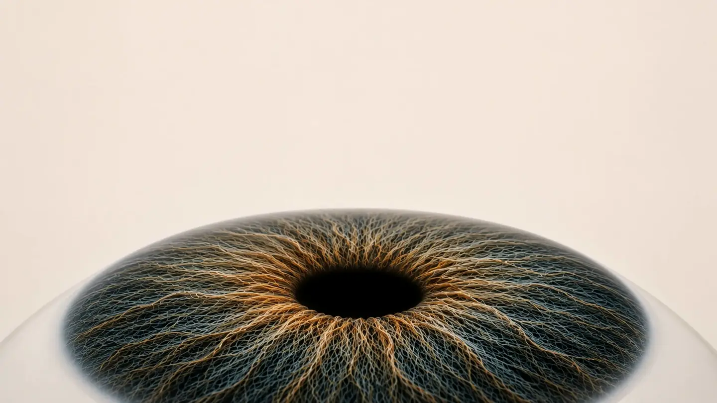 Macro view of an iris, its fibres radiating from the pupil against a pale background.