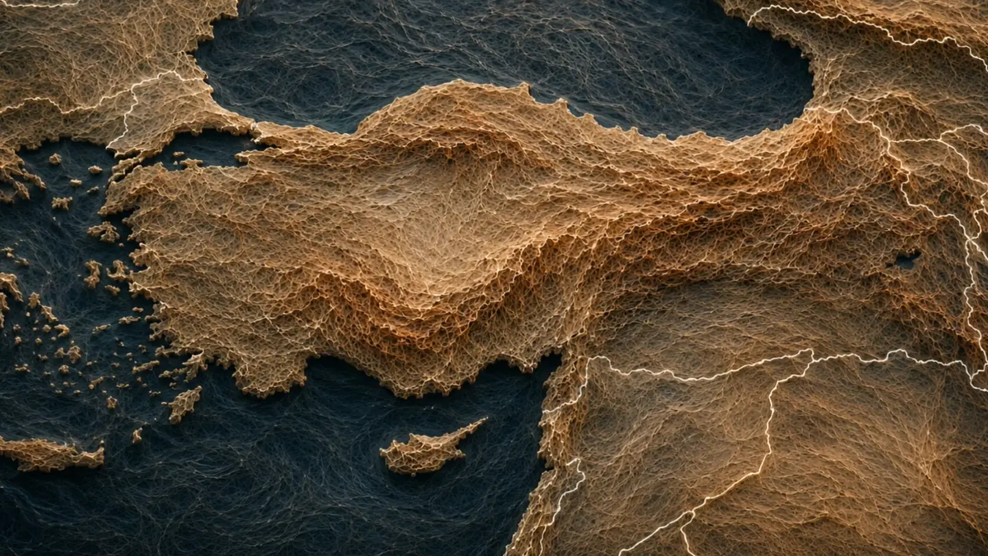 Stylised relief map centred on Turkey, the land rendered as woven amber fibres and the seas deep blue.