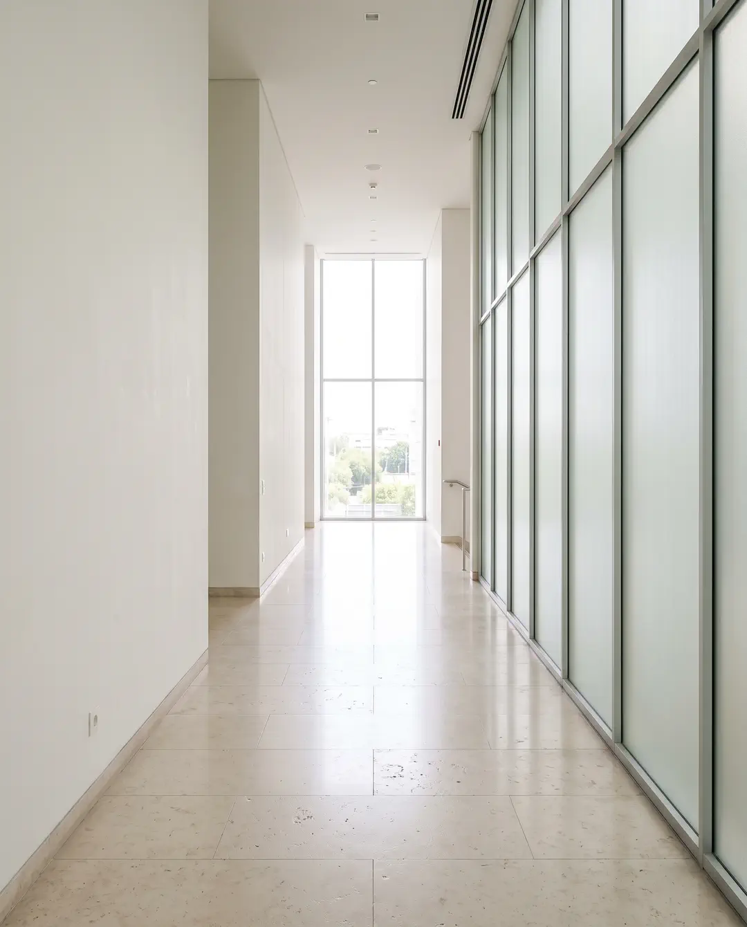 A bright corridor with frosted glass panels and daylight from a tall window.