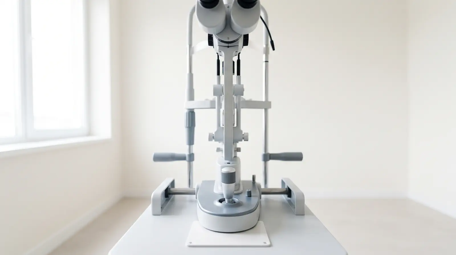 A slit lamp examination instrument in a bright clinical room.