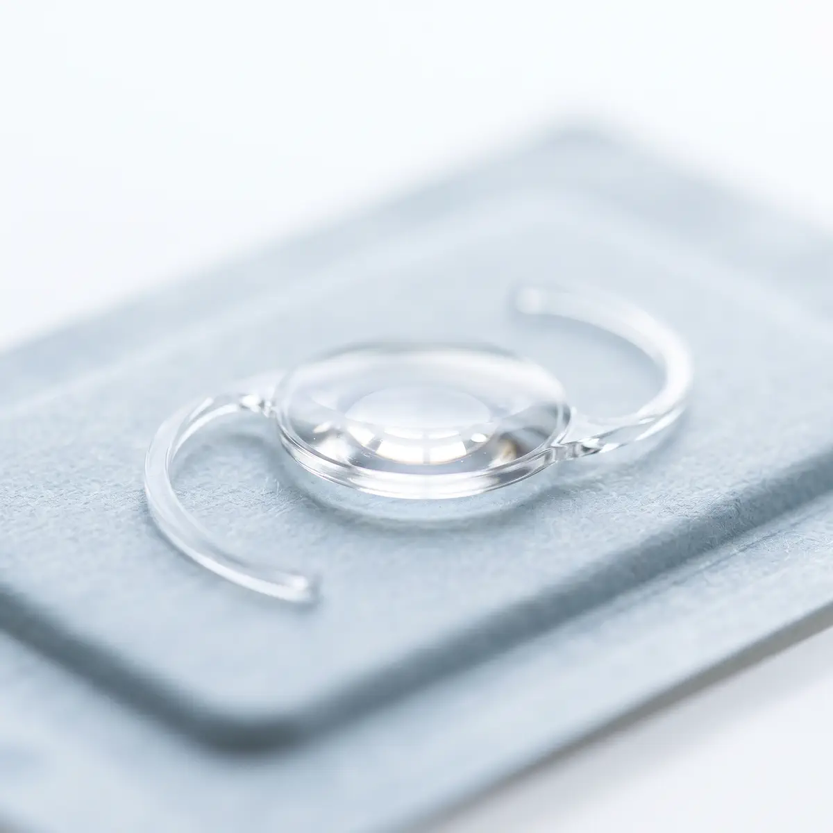 Macro detail of a clear intraocular lens on a sterile tray.