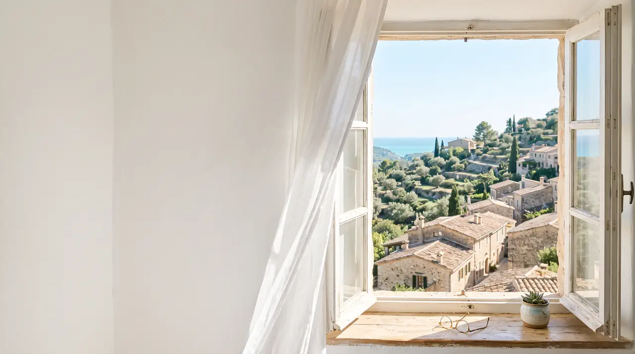 An open window in a sunlit room looking out over a hillside of olive trees and pale stone rooftops, with a pair of reading glasses folded on the sill.