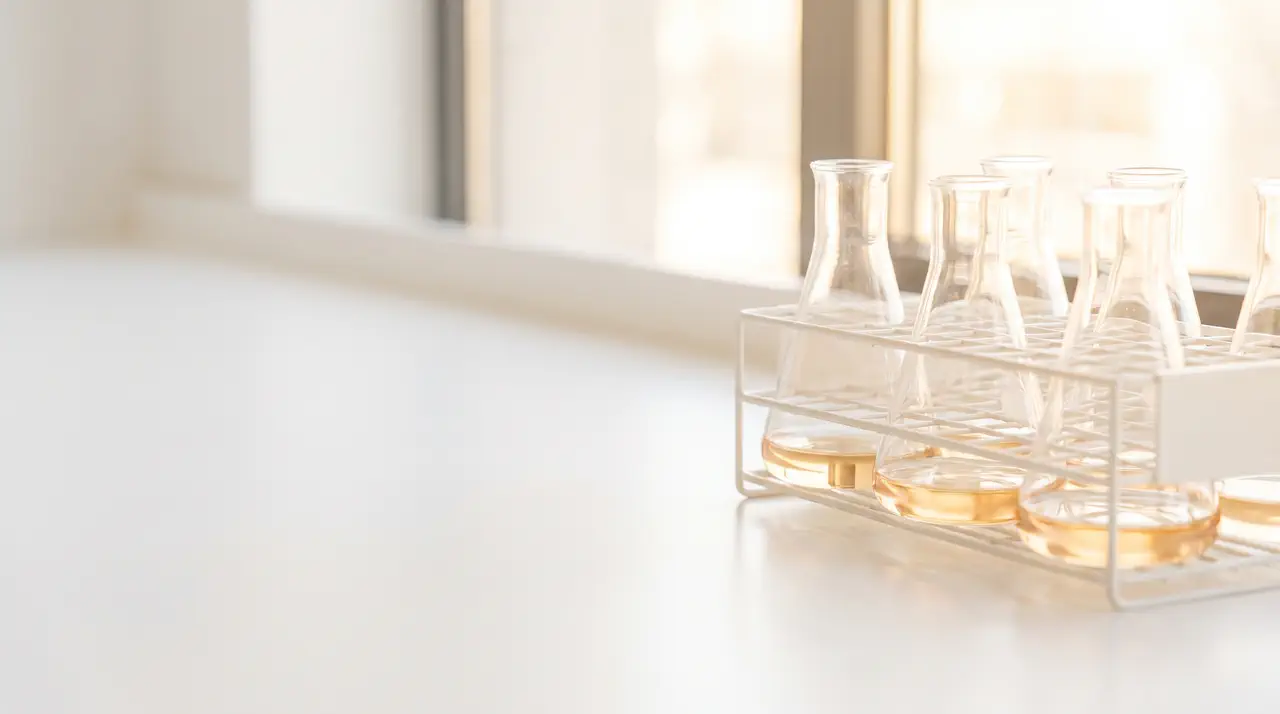 A rack of clear glass laboratory flasks holding amber culture medium, backlit by daylight from a large window.